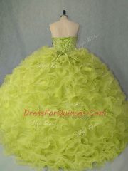Yellow Green Ball Gown Prom Dress Organza Brush Train Sleeveless Beading and Ruffles