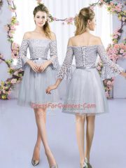 Grey 3 4 Length Sleeve Lace and Belt Mini Length Damas Dress