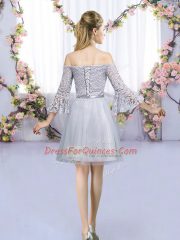 Grey 3 4 Length Sleeve Lace and Belt Mini Length Damas Dress