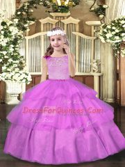 High Class Floor Length Lilac Little Girl Pageant Dress Organza Sleeveless Beading and Ruffled Layers
