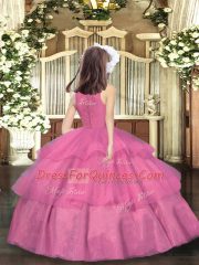 High Class Floor Length Lilac Little Girl Pageant Dress Organza Sleeveless Beading and Ruffled Layers