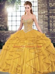 Gold Tulle Lace Up 15 Quinceanera Dress Sleeveless Floor Length Beading and Ruffles