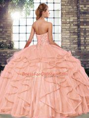Gold Tulle Lace Up 15 Quinceanera Dress Sleeveless Floor Length Beading and Ruffles