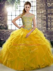 Lace Up Quince Ball Gowns Gold for Military Ball and Sweet 16 and Quinceanera with Beading and Ruffles Brush Train