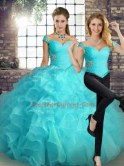 Aqua Blue Off The Shoulder Lace Up Beading and Ruffles Quinceanera Dress Sleeveless