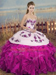 Sleeveless Floor Length Embroidery and Ruffles and Bowknot Lace Up Quince Ball Gowns with Fuchsia