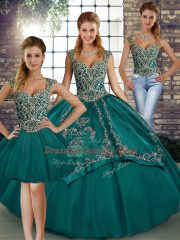 Hot Selling Teal Sleeveless Floor Length Beading and Embroidery Lace Up Quinceanera Dresses