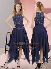 Pretty Navy Blue High-neck Neckline Beading and Sequins Dress for Prom Sleeveless Zipper