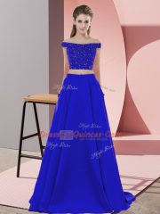 Elegant Blue Sleeveless Sweep Train Beading Homecoming Dress