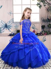 Trendy Royal Blue Scoop Neckline Beading Kids Formal Wear Sleeveless Lace Up