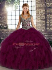 Dark Purple Lace Up Quinceanera Dress Beading and Ruffles Sleeveless Floor Length