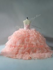 Peach Sweetheart Neckline Beading and Ruffles Ball Gown Prom Dress Sleeveless Lace Up