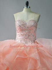 Peach Sweetheart Neckline Beading and Ruffles Ball Gown Prom Dress Sleeveless Lace Up
