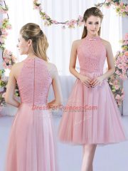 Fancy Tea Length Zipper Vestidos de Damas Pink for Wedding Party with Lace
