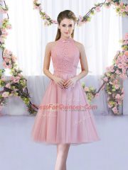 Fancy Tea Length Zipper Vestidos de Damas Pink for Wedding Party with Lace