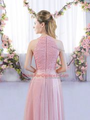 Fancy Tea Length Zipper Vestidos de Damas Pink for Wedding Party with Lace