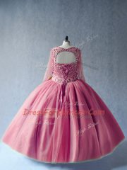 Pink Tulle Lace Up Quinceanera Gowns Long Sleeves Floor Length Beading