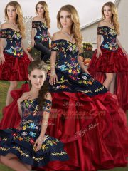 Red And Black Lace Up Off The Shoulder Embroidery and Ruffles 15 Quinceanera Dress Organza Sleeveless