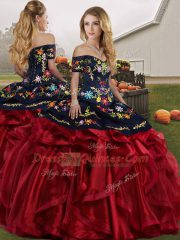Red And Black Lace Up Off The Shoulder Embroidery and Ruffles 15 Quinceanera Dress Organza Sleeveless