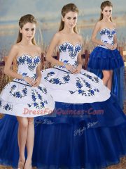 Elegant Sleeveless Tulle Floor Length Lace Up 15 Quinceanera Dress in Royal Blue with Embroidery and Bowknot