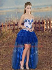 Elegant Sleeveless Tulle Floor Length Lace Up 15 Quinceanera Dress in Royal Blue with Embroidery and Bowknot
