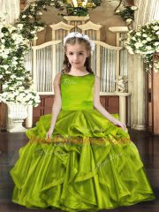 Floor Length Olive Green Little Girls Pageant Dress Organza Sleeveless Ruffles