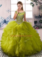 Lovely Scoop Sleeveless Zipper Quinceanera Gowns Olive Green Organza