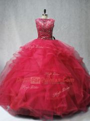 Nice Coral Red Tulle Lace Up Vestidos de Quinceanera Sleeveless Brush Train Beading and Ruffles