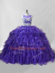 Purple Two Pieces Organza Scoop Sleeveless Beading and Ruffles Zipper Quinceanera Dresses Brush Train
