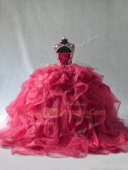 Red Lace Up Scoop Beading and Ruffles Quince Ball Gowns Organza Sleeveless