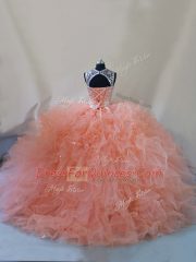 Peach Ball Gowns Tulle Scoop Sleeveless Beading and Ruffles Lace Up Ball Gown Prom Dress Court Train
