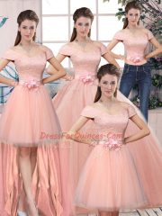 Custom Fit Tulle Off The Shoulder Short Sleeves Lace Up Lace and Hand Made Flower Quince Ball Gowns in Pink