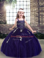 Purple Sleeveless Appliques Floor Length Little Girl Pageant Gowns