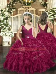 Burgundy Backless V-neck Beading and Ruffles Vestidos de Quinceanera Organza Sleeveless