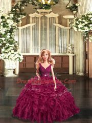 Burgundy Backless V-neck Beading and Ruffles Vestidos de Quinceanera Organza Sleeveless