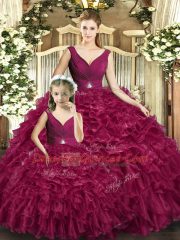 Burgundy Backless V-neck Beading and Ruffles Vestidos de Quinceanera Organza Sleeveless
