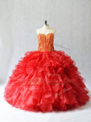 Floor Length Red Sweet 16 Dress Sweetheart Sleeveless Lace Up