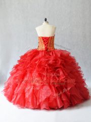 Floor Length Red Sweet 16 Dress Sweetheart Sleeveless Lace Up