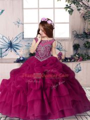 Fuchsia Scoop Lace Up Beading and Pick Ups Little Girl Pageant Gowns Sleeveless
