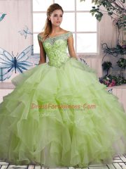 Floor Length Lace Up Quince Ball Gowns Yellow Green for Military Ball and Sweet 16 and Quinceanera with Beading and Ruffles