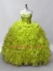 Luxurious Sleeveless Floor Length Ruffles and Sequins Lace Up Quinceanera Dress with Yellow Green
