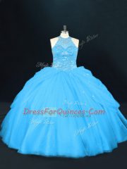 Sleeveless Tulle Floor Length Lace Up Quinceanera Gowns in Aqua Blue with Beading