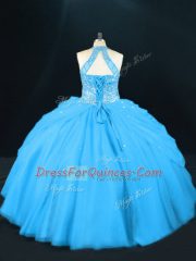 Sleeveless Tulle Floor Length Lace Up Quinceanera Gowns in Aqua Blue with Beading