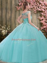 Suitable Lilac Tulle Lace Up Sweet 16 Dresses Sleeveless Floor Length Beading