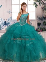 Clearance Scoop Sleeveless Sweet 16 Dresses Floor Length Beading and Ruffles Turquoise Organza