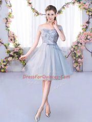 Lace and Belt Dama Dress for Quinceanera Grey Lace Up Sleeveless Knee Length