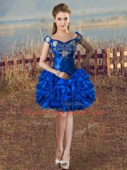 Royal Blue Sleeveless Embroidery and Ruffles Knee Length Dress for Prom