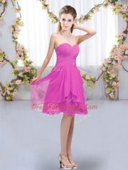 Nice Sleeveless Chiffon Knee Length Lace Up Damas Dress in Fuchsia with Ruffles and Ruching