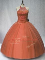 Comfortable Halter Top Sleeveless Lace Up Quinceanera Gown Brown Tulle