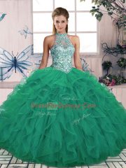 Smart Tulle Halter Top Sleeveless Lace Up Beading and Ruffles Sweet 16 Dresses in Turquoise